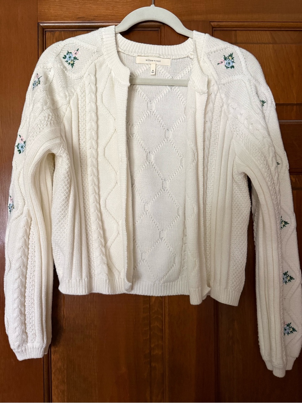 Willow & Root Cream Cable-Knit Open Cardigan with Pink & Green Floral Embroidery